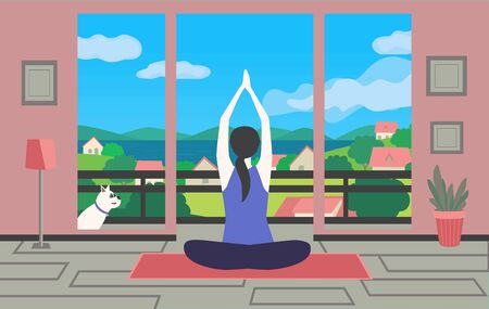 Woman meditating yoga sitting home with dog flat vector. Stay home meditation practice cute cartoon. Breathing exercise workout background. Healthy indoors morning fitness activities illustrationのイラスト素材