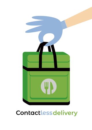 No-contact food delivery bag vector icon. Contactless delivery service online takeout orders cartoon illustration. Courier disposable gloves to carry box with food meal for carefree social distancingのイラスト素材