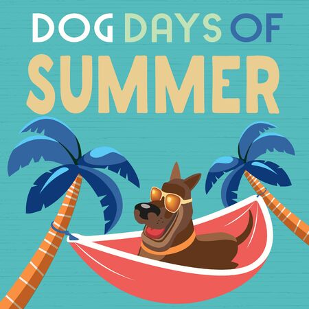 Dog days of Summer Time for adventure. Cute comic cartoon. Colorful humor retro style. Canine in sunglasses enjoy beach leisure relax. Summertime vacation journey. Vector banner background templateのイラスト素材
