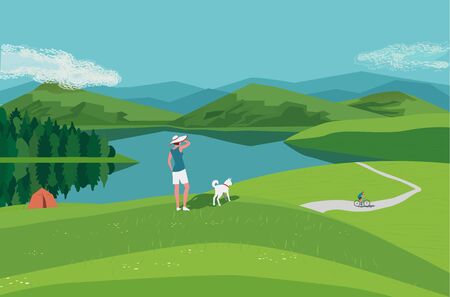 Mountain green valley lake landscape. Summer season scenic view poster. River side in mountains cartoon illustration. Adult couple with dog resting on wild nature . Vector outdoors banner backgroundのイラスト素材