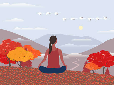 Woman exercise yoga on nature flat color vector. Autumn outdoors relax cartoon. Yoga relaxing pose on calm mounts valley. Fall season scenic view landscape illustration. Healhty lifestyle backgroundのイラスト素材