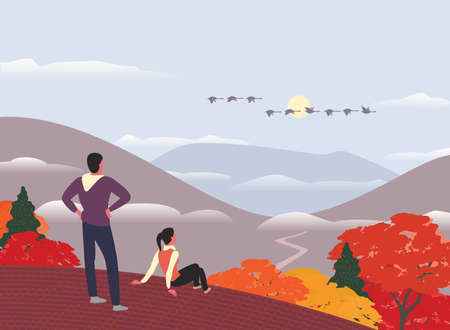 Autumn mountains hiking concept flat color vectorのイラスト素材