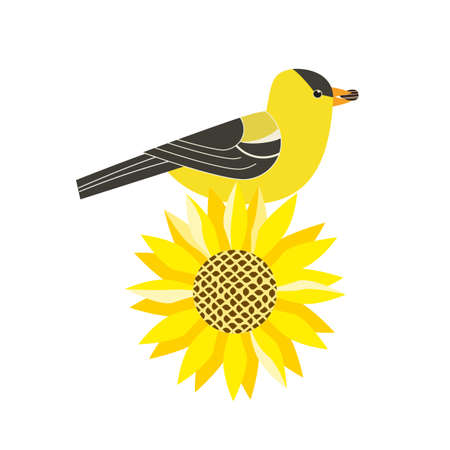 Goldfinch on sunflower cute cartoon vector iconのイラスト素材