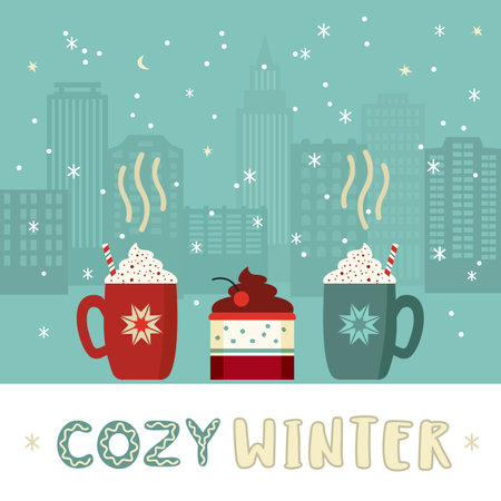 Cozy winter cute flat retro color vector poster. Warm hot cocoa mugs whipped cream, sweet cake dessert design element. Handdrawn winter season holidays background. Cute xmas greeting card illustrationのイラスト素材