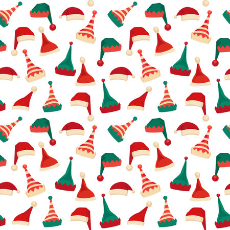 Santa Claus helper elf hat icon vector set seamless pattern. Santa red hat Christmas elves cap sign cartoon. Traditional head wear Christmas celebration background. Fun holiday costume illustrationのイラスト素材