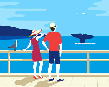 Whale Tail in Ocean Watching Tourism flat vectorのイラスト素材