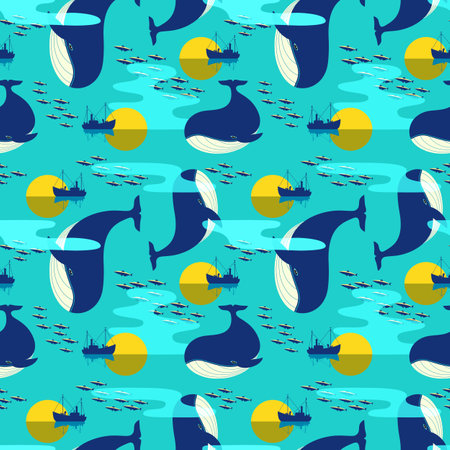 Blue Whale in Ocean Decor seamless vector patternのイラスト素材