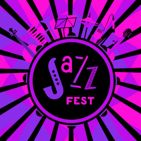 Jazz Fest neon color icon with Musical instrumentsのイラスト素材
