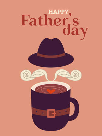Happy Fathers Day Funny Vector Greeting Card. Coffee cup, stylized mustache, belt, hat cartoon illustration. Cute dad symbol design element. Fatherhood holiday celebration typography poster backgroundのイラスト素材