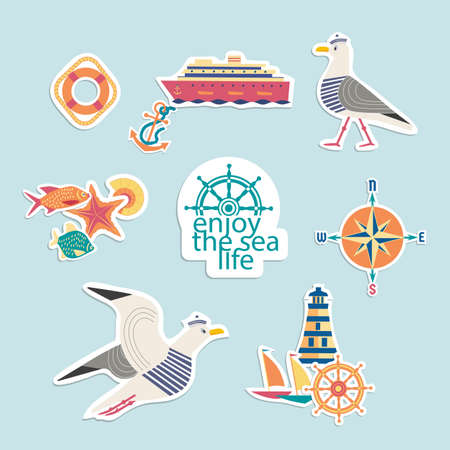 Maritime symbol cute style vector stickers set. Enjoy sealife cartoon doodle icon collection. Decorative design element illustration. Hand drawn nautical sign sticker on blue water color backgroundのイラスト素材