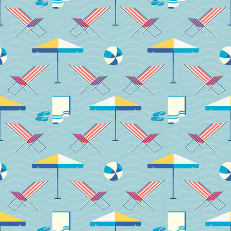 Sea Beach leisure geometric seamless vector pattern. Sun umbrella, armchair, ball cartoon icon....