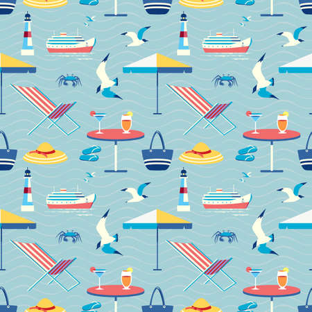Seaside holiday leisure seamless vector pattern. Beach umbrella, armchair, cool drinks cartoon icon. Summer season sea vacation decorative wallpaper. Tropical tourist travel trip background templateのイラスト素材