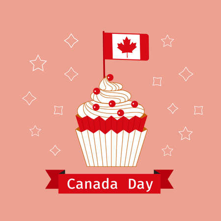 Canada Day Cupcake and flag vector greeting card. Canada day test on red ribbon. Canadian flag with maple leaf in cupcake cartoon illustration. 1st July festive event celebration decorative backgroundのイラスト素材