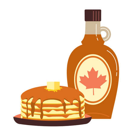 Maple syrup topping on pancakes flat color vector icon. Fresh tasty hot pancakes, sweet maple syrup glass bottle cartoon design element isolated on white background. Dessert food sign illustrationのイラスト素材