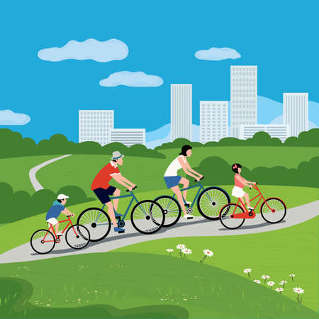Family together cycling in city park vector poster. Father, mother, kids lifestyle cartoon illustration. Dad, mom, son, daughter summer leisure outdoors activity. Parents, child bicycling backgroundのイラスト素材