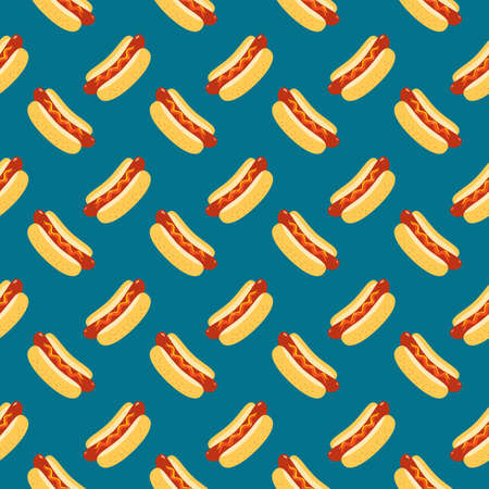 Hot Dog vector seamless pattern background. Fried sausage in bun, sesame seeds, mustard, ketchup cartoon design element. Fast street food snack wallpaper illustration. Hot Dog Day template backgroundのイラスト素材