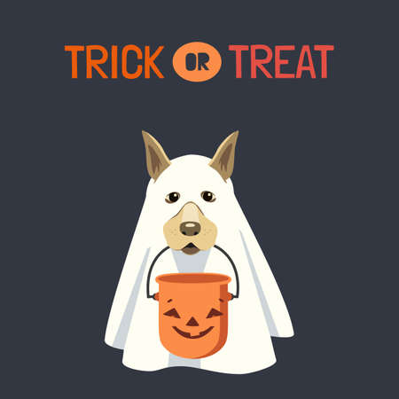 Dog in ghost costume with Halloween bucket vector illustration. Cute spooky ghost dog, candy bucket cartoon design element. Trick or Treat fun background. Happy Halloween holday celebration decorationのイラスト素材