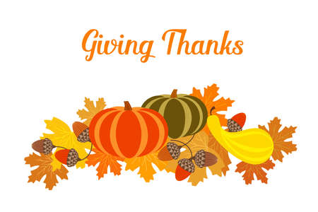 Thanksgiving Fall harvest greeting vector background illustration. Autumn color Maple Leaves, Pumpkin, Oak Acorn nut cartoon design element. Hand drawn Happy Giving Thanks holiday festive celebrationのイラスト素材