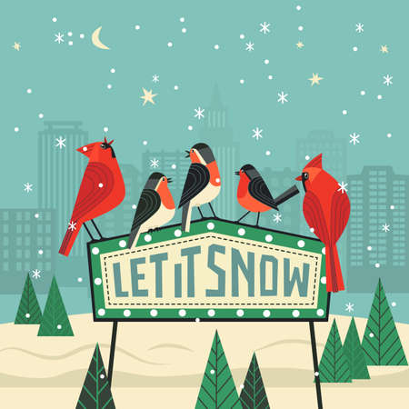 Cute winter backyard birds. Let it snow lettering. Red Northern Cardinal, robin on snow background of city garden. Colorful cartoon. New year event banner background. Christmas greeting vector designのイラスト素材