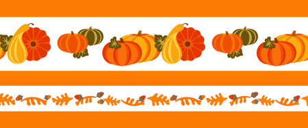 Autumn Fall Season Farm crop seamless vector border pattern. Pumpkin, oak leaf, nut cartoon design element. Thanksgiving Day harvest holiday festival celebration background frame template illustrationのイラスト素材