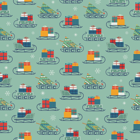 Santa Sleigh with Christmas presents vector seamless pattern. Gift boxes on sledge cute cartoon background. Flat simple retro color illustration. Winter holiday season, new year event design elementのイラスト素材