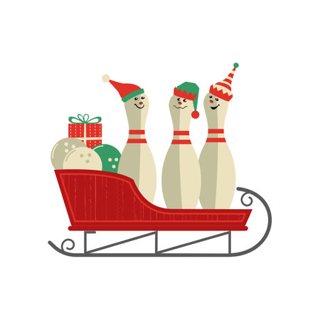 Cute Christmas bowling pins in sleigh flat vector icon. Comic pin in Elf hat cartoon. Winter season holiday bowling parties design element. Christmas New year event celebration background illustrationのイラスト素材