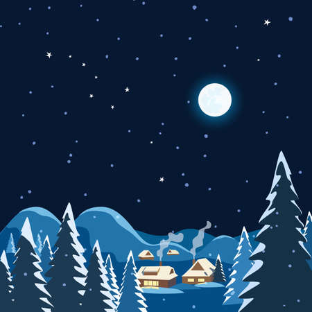 Winter magic night countryside landscape vector scenery. Christmas season mountain village in snowy wonderland background. Christmas holidays in rural houses in winter magic wood cartoon illustrationのイラスト素材