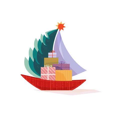 Christmas sailboat with fir tree, gifts present boxes vector icon. Funny boat, Christmas presents colorful cute cartoon design element illustration. Winter holidays season new year event backgroundのイラスト素材