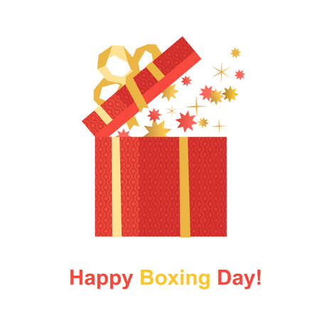 Christmas holiday gift box for present vector icon. Opened surprise red gift box cartoon illustration. Boxing day celebrate design element. Christmas New year festive shopping sale template backgroundのイラスト素材
