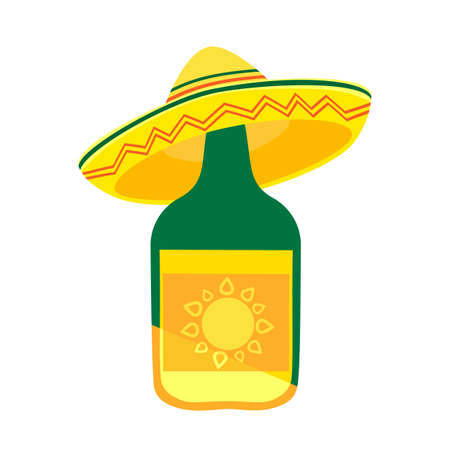 Tequila alcohol bottle sombrero top vector icon. Mexican traditional agava alcoholic drink funny cartoon design element. Tequila liquor, sombrero Mexico symbol illustration. Cute beverage bottle signのイラスト素材