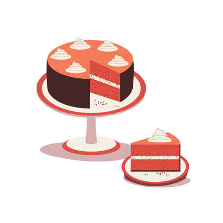 Homemade Red Velvet Cheesecake flat color vector icon. Sweet dessert food cute cartoon design...