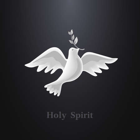 Dove Holy Spirit with olive branch vector poster. Christian holiday Pentecost Trinity Sunday concept. Church sacrament symbol. Pentecost greeting. Biblical flying spiritual dove religious illustrationのイラスト素材