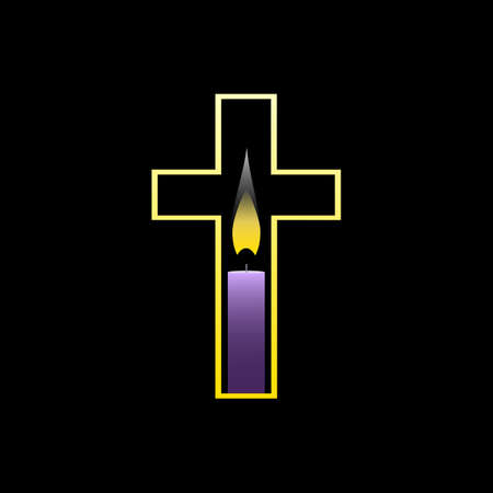 Candle light in in Christian cross religion symbol vector icon. Church candle flame glow, Christian cross on dark background. Faith Hope Light shining in darkness. Religious hope concept illustrationのイラスト素材