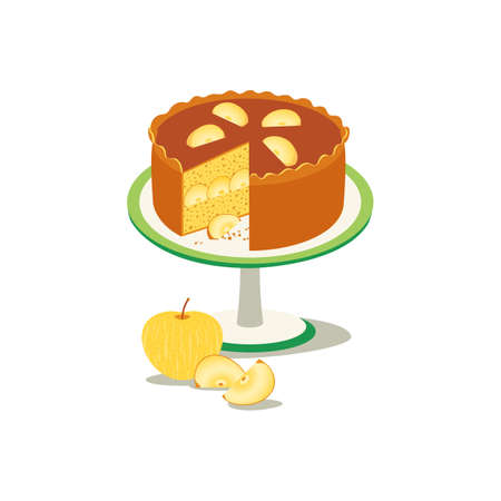 Apple cake homemade dessert vector icon. Fruit tart on stand, fresh apple slice cartoon design element. Sweet dessert festive food background illustration. Fruit cake pie holiday event recipe templateのイラスト素材