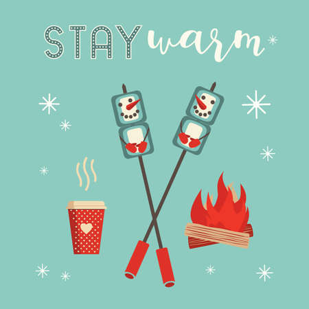 Winter season fun relax cute simple vector icon. Warm cozy smores and cocoa station welcome sign. Roast marshmallows hot cocoa chocolate cup illustration. Winter seasonal outdoor activity backgroundのイラスト素材