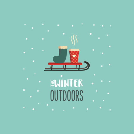 Winter outdoors fun cute minimal vector icon. Hot cocoa cup, felt boot, sleigh cartoon design element. Winter season leisure activity sign. Wintertime holidays weekend leisure illustration backgroundのイラスト素材