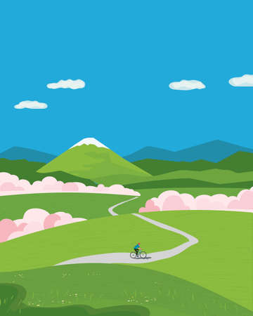 Mountain valley with blooming sakura landscape. Blooming cherry season outdoor vector poster. Springtime landscape background. Sakura blossoms season scenery colorful cartoon vintage illustrationのイラスト素材