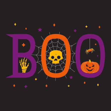 Boo Halloween holiday cute symbols vector poster. Hand drawn fancy lettering. Halloween spooky sign pumpkin, spider web, bat, skull cartoon design element. Celebration fun party 31 October greetingのイラスト素材
