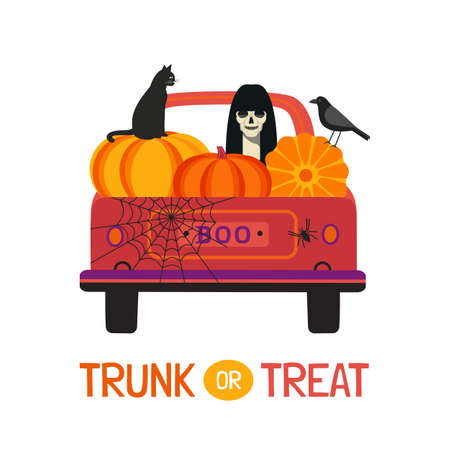 Fancy Halloween Trunk or Treat flat vector poster. Holiday truck with scary ghost, pumpkins, black cat, crow cartoon design element. Happy Halloween holiday fun event spooky background illustrationのイラスト素材