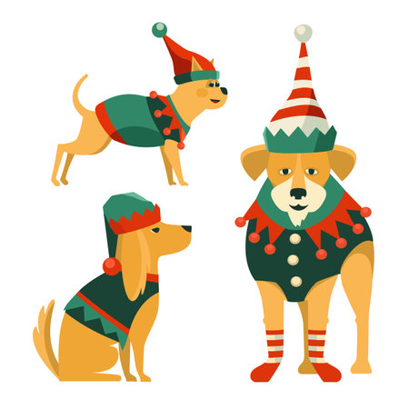 Christmas Dogs collection. Funny doggy in festive elf costume vector illustration. Santa helpers dog puppies group in elves clothes isolated. Christmas celebration, New Year masquerade backgroundのイラスト素材