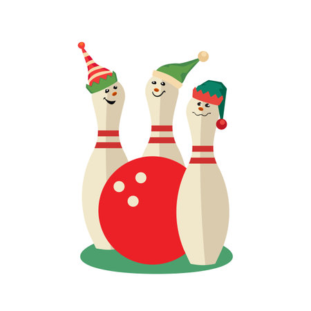 Festive bowling party pins in Elves hats vector icon. Fancy comic pins, red ball cartoon design element illustration. Christmas, New year holidays team play competition, bowling club entertainment funのイラスト素材