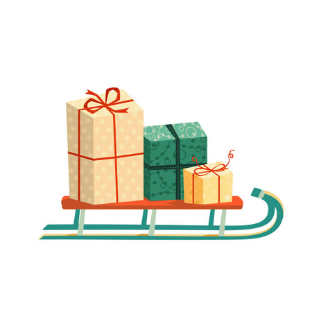 Festive ornate gift boxes with ribbon on Santa sleigh vector icon isolated. Wrapping present to celebrate Christmas, new year, flat design element illustration. Colorful Christmas gift present packageのイラスト素材