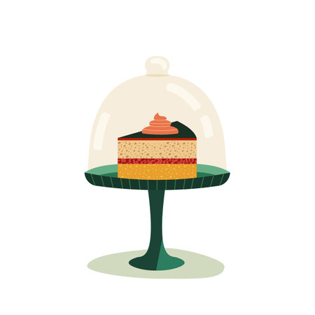 Cake slice on stand with glass dome simple vector icon. Showcase to store sweet pastry, baking accessory, serving storage container. Flat design element illustration. Restaurant party, bakery decorのイラスト素材