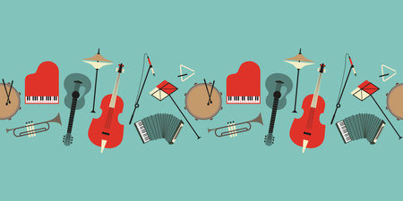 Musical instruments seamless border vector pattern. Drum, piano, accordion, guitar cartoon design...