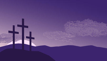 Crosses on faith hill religion holiday vector background. Lenten season Christian symbol. Sacrament biblical church cross. Catholic bible Holy week design element. Religion sign template illustrationのイラスト素材