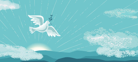 Holy Spirit Dove flies in blue sky vector background. Christian symbol of peace, love, hope religion illustration. Easter Sunday, Pentecost holiday. God Holy Spirit, Trinity church banner templateのイラスト素材
