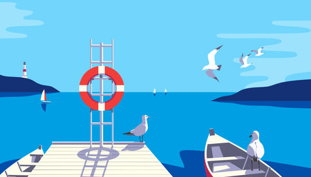 Seascape with seagulls, sailboat pier on sea coast vector illustration. Seaside holiday vacation travel poster background. Ocean bay scenic view of seabirds, yachts, sailing boats flat minimal designのイラスト素材