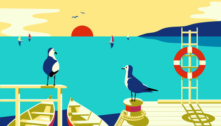 Seascape with seagulls, sailboat pier on sea coast vector illustration. Seaside holiday vacation travel poster background. Ocean bay scenic view of seabirds, yachts, sailing boats flat minimal designのイラスト素材