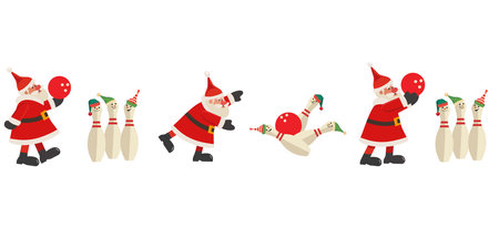 Santa Claus play bowling seamless border pattern. Comic Santa, bowling ball strike, funny pin, Elf hat cartoon design element illustration. Christmas festive party invitation frame background templateのイラスト素材