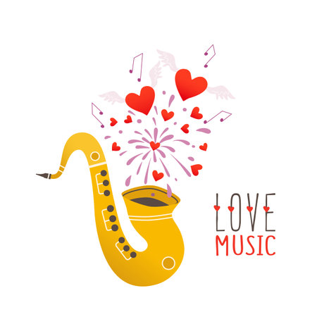 Saxophone Love Music cute hand drawn vector poster. Sax shooting out heart-shaped fireworks heart with wing, musical note illustration. Weddings, Valentines Day romantic Love music concert event flyerのイラスト素材